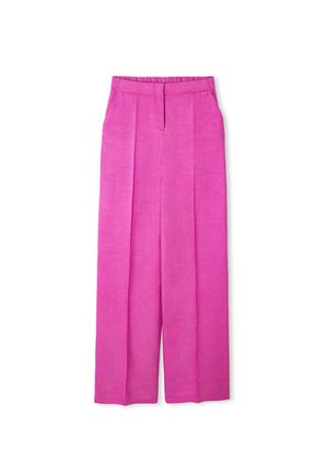 Pantaloni larghi in lino rosa con vita alta e pieghe frontali. Presentano una cintura elastica per il massimo comfort e una texture liscia.