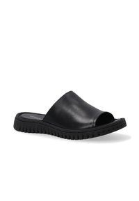 Black slide sandal featuring a smooth leather upper and a textured rubber sole with ridged details, open toe design, and minimalistic style.