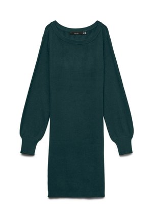 Sinine froteelõikel tehtud kleit, millel on laevakaelus, pikad varrukad kitsaste mansettidega ning sirge lõige, mis ulatub üle põlve.