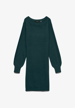 Sinine froteelõikel tehtud kleit, millel on laevakaelus, pikad varrukad kitsaste mansettidega ning sirge lõige, mis ulatub üle põlve.