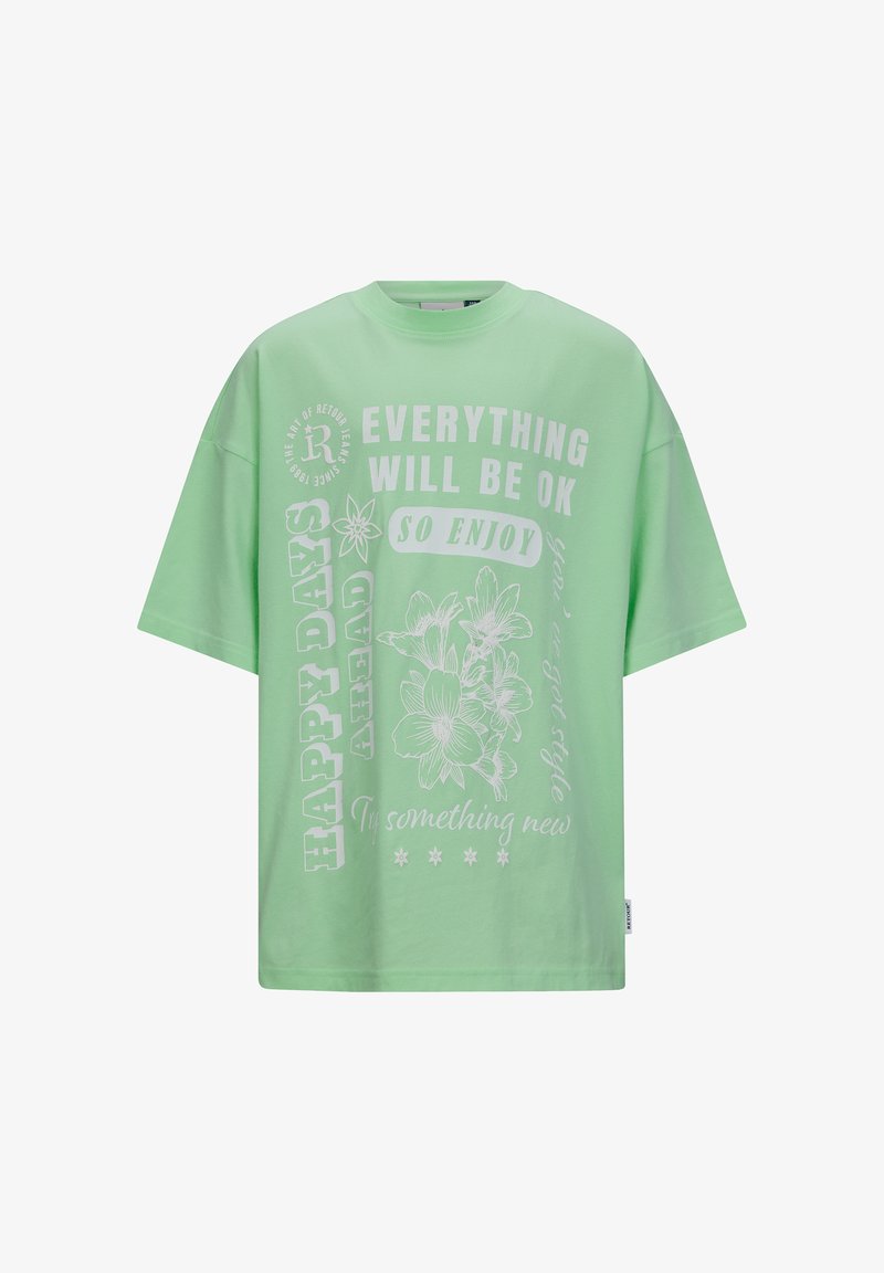 Koszulka z krótkim rękawem, w luźnym kroju, w jasnym zielonym kolorze z bawełny. Posiada duży biały napis i graficzne wzory kwiatowe, z okrągłym dekoltem i swobodnym fasonem.