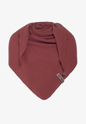 Bordeaux gekleurde textuur sjaal met een driehoekige vorm, met een gerolde afwerking en een klein merklabel aan de rand. Zachte, lichtgewicht stof.
