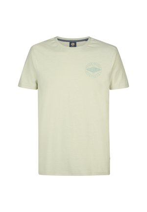 Jasnozielona koszulka z krótkim rękawem wykonana z miękkiego materiału, z okrągłym dekoltem i okrągłym nadrukiem logo w dopasowanym pastelowym kolorze.