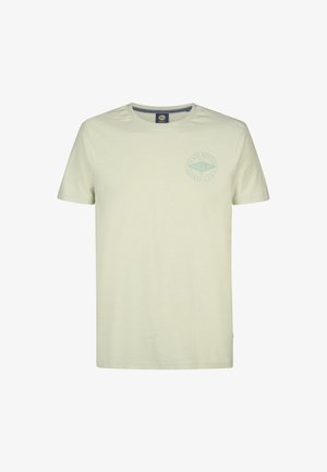 Jasnozielona koszulka z krótkim rękawem wykonana z miękkiego materiału, z okrągłym dekoltem i okrągłym nadrukiem logo w dopasowanym pastelowym kolorze.