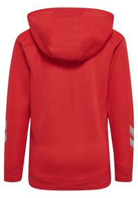 Rote Kapuzenjacke aus strukturiertem Stoff, mit grauen reflektierenden Akzenten an den Ärmeln und einem abgerundeten Saum. Rückansicht.