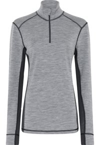 Grå langærmet pullover med høj krave, halv lynlås, kontrastsort panel på siderne og struktureret stof for åndbarhed.
