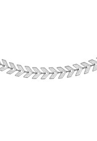 Catena in metallo argento caratterizzata da anelli allungati a forma di freccia con superficie lucida, interconnessi da piccoli connettori circolari.