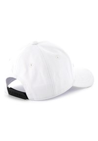 White baseball cap with a curved brim, six-panel construction, vent holes, and an adjustable black snapback closure at the rear.