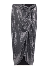 Gonna a sequins argentati con dettagli a nodo torciglione in vita e sottogonna nera, caratterizzata da una silhouette aderente e un design drappeggiato.