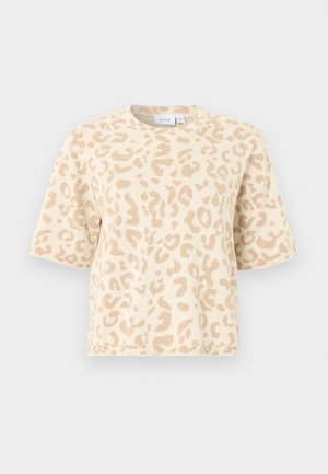 Beżowy sweter z krótkimi rękawami, z jasnobrązowym wzorem w cętki lamparta, ściągaczami na mankietach oraz okrągłym dekoltem.