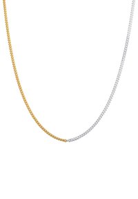 Due catene intrecciate, una dorata e l'altra argentata, con un design attorcigliato. Entrambe le catene sono lisce e con una finitura lucida.