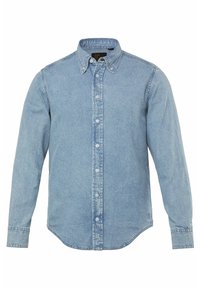 Camicia di jeans blu chiaro con maniche lunghe, bottone frontale, colletto a punta e orlo curvo. Realizzata in tessuto denim testurizzato.