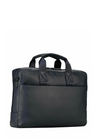 Marineblaue Ledertasche mit zwei oberen Griffen, Reißverschluss, mehreren Fächern und glatter Oberfläche. Verfügt über ein minimalistisches Design und hohe Haltbarkeit.