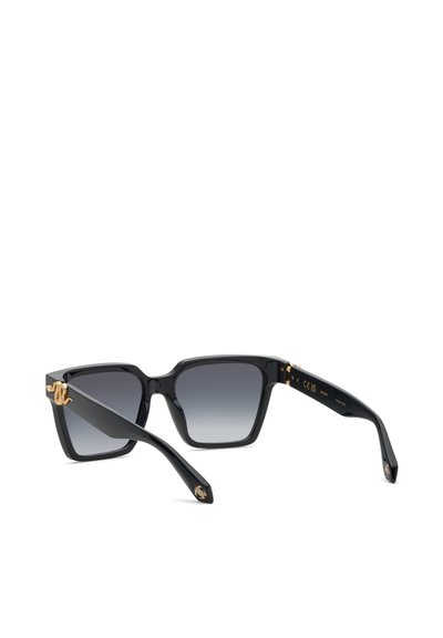 Lunettes de soleil carrées noires avec verres gris dégradés et ornements serpent dorés sur les branches et les extrémités.