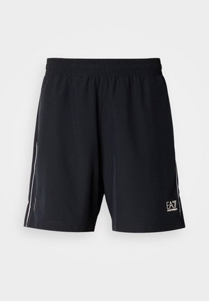 Svarta sportshorts med elastisk midjerem, kontrasterande vita sidostripes och en liten logotyp på nedre högra framsidan.