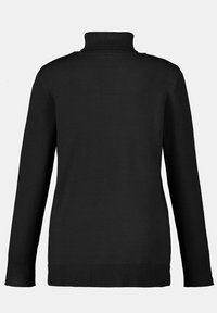 Schwarzer Rollkragenpullover mit langen Ärmeln, geripptem Muster und schlichter Gestaltung. Der Saum zeigt eine dezente gemusterte Kante.