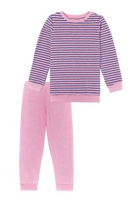 Pink fleece pajama set with long-sleeve top featuring navy and pink horizontal stripes and solid pink pants, both with cuffed hems.