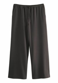 Pantaloni neri a gamba larga realizzati in tessuto morbido, con vita elastica regolabile con coulisse e tasche laterali.