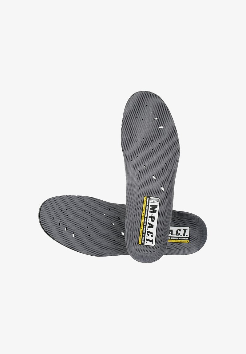 Grijze inlegzolen met een geperforeerde textuur, met de merknaam "M-P.A.C.T." in geel en zwart op een rechthoekig accent.