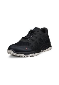 Chaussure de sport noire avec dessus en mesh, semelle robuste, lacets élastiques avec curseur et semelle texturée conçue pour un usage extérieur ou sur sentiers.