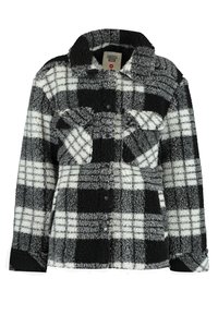 Chaqueta de forro polar a cuadros en negro, blanco y gris, con cuello tipo polo, cierre de botones en la parte delantera y dos bolsillos en el pecho. Tejido suave y texturizado.
