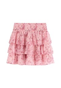 Gonna a strati rosa con un motivo paisley e floreale, vita arricciata a balze e tessuto leggero con una texture a volant.