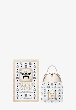 Flacon d'eau de parfum MCM Cosmic Star et boîte assortie avec des accents dorés et un motif de logo sur fond blanc.