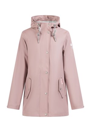 Svijetlosmeđa vodootporna jakna s kapuljačom, dugmadi na pritisak i dva bočna džepa s nagnutim preklopima. Glatka, sjajna tekstura materijala.