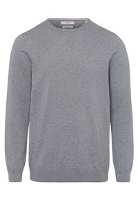 Grauer Pullover mit strukturiertem Muster, Rundhalsausschnitt und langen Ärmeln. Mit dezenter Stickerei auf der Brust und einem gestreiften Kragendetail.