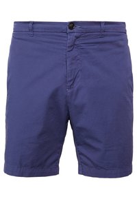 Námořnické modré bavlněné šortky s hladkým povrchem, vybavené uzavíráním na knoflík, poutky na opasek a hladkým předním designem.
