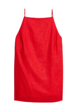 Abito senza maniche rosso in lino con sottili spalline e scollatura dritta, esposto su uno sfondo bianco.