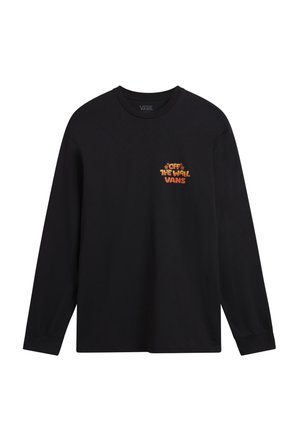 Czarna koszulka Vans z długim rękawem, z małym pomarańczowo-żółtym logo "Off The Wall Vans" na lewej piersi, okrągłym dekoltem i mankietami na rękawach.