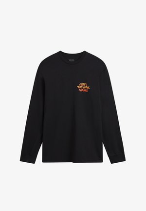 Chemise Vans noire à manches longues avec petit logo "Off The Wall Vans" orange et jaune sur la poitrine gauche, col rond et manches à bords côtes.