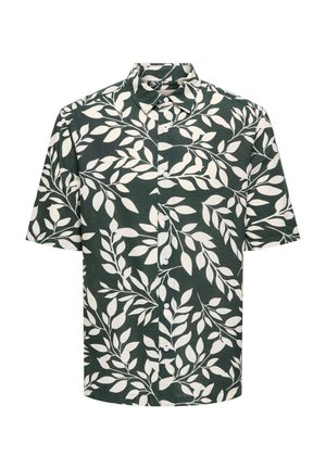 Kurzärmeliges Hemd zum Knöpfen mit dunkelgrünem Hintergrund und weißem Blattmuster, ausgestattet mit einem spitzen Kragen.