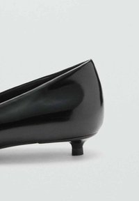Pantofii din piele patent neagră au un vârf ascuțit și un toc subțire și joasă. Finisajul lucios și textura netedă pun în evidență designul elegant.