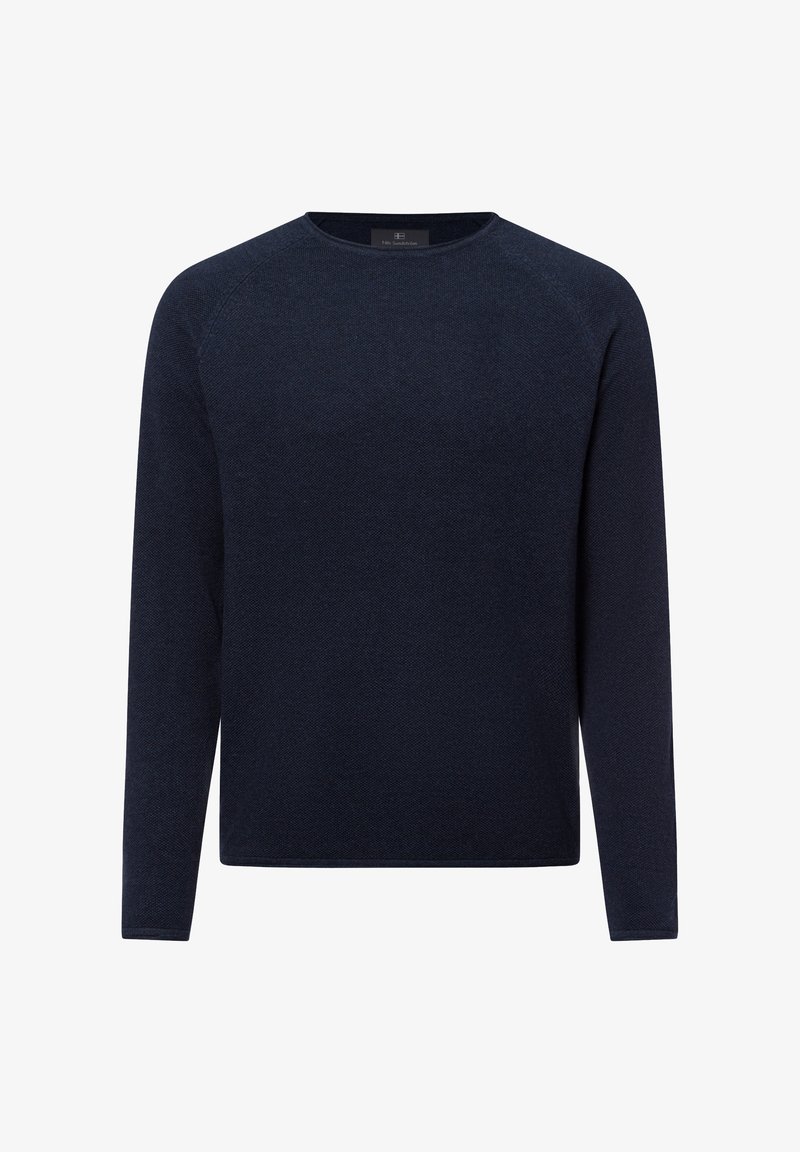 Marineblaues Langarmoberteil aus strukturiertem Stoff, mit Rundhalsausschnitt und Raglanärmeln für eine lässige Passform.