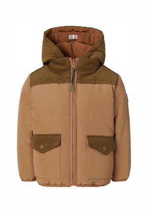 Braune gepolsterte Jacke mit Kapuze aus Cord, ausgestattet mit Druckknopf-Vordertaschen und einem Reißverschluss vorne. Das strukturierte Oberteil sorgt für einen Kontrast.