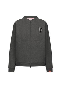 Grijze zip-up jas gemaakt van zachte stof, met een ronde hals, geribbelde mouwen en een opvallend geborduurd "F"-logo op de borst.