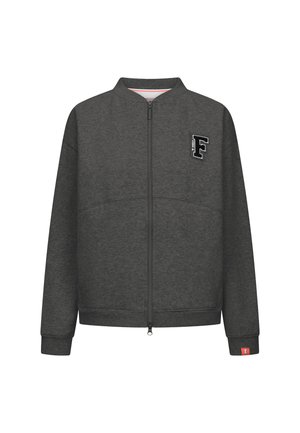 Grijze zip-up jas gemaakt van zachte stof, met een ronde hals, geribbelde mouwen en een opvallend geborduurd "F"-logo op de borst.