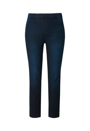 Pantaloni di jeans blu navy con vita elastica, caratterizzati da tasche frontali e una vestibilità slim che si assottiglia leggermente alle caviglie.