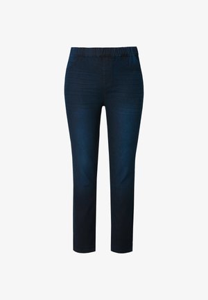 Marineblaue Jeanshose mit elastischem Bund, ausgestattet mit Vordertaschen und einem schlanken Schnitt, der an den Knöcheln leicht verjüngt.