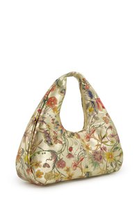 Goldfarbene Handtasche mit floralen Mustern und runder Form, ausgestattet mit einem Reißverschluss und einem breiten Tragegurt. Lebendige Pflanzen- und Insektendesigns.
