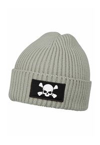 Gray knit beanie with a ribbed texture, featuring a black patch depicting a skull and crossbones. Rounded crown with a folded cuff.