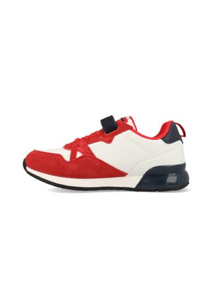 Red and white sneaker with a suede upper, lace and Velcro closure, cushioned black sole, and navy heel accent.