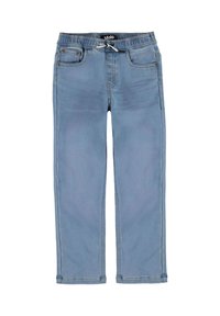 Ljust blå jeans i denim. De har en elastisk midja med dragsko, två framfickor och sömnadsdetaljer.