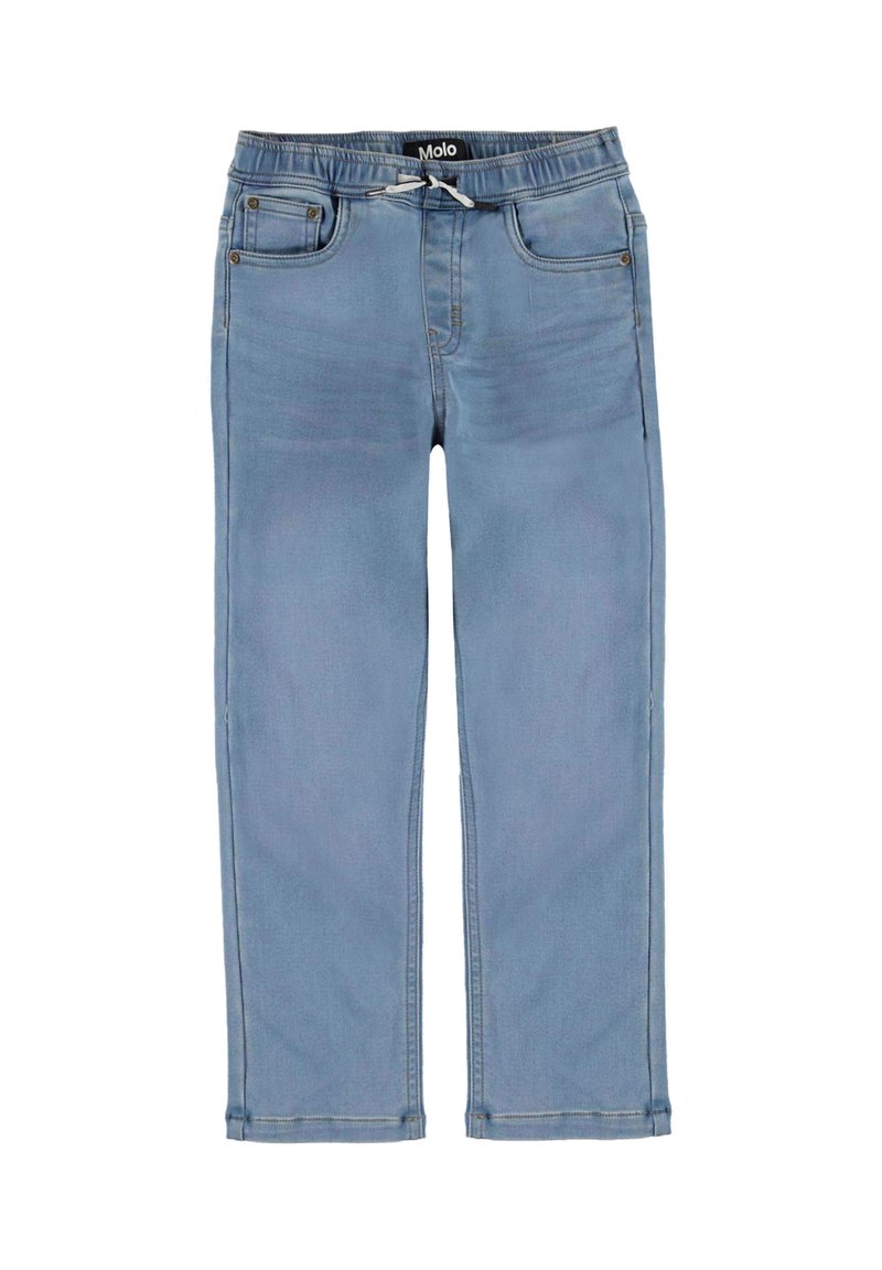 Ljust blå jeans i denim. De har en elastisk midja med dragsko, två framfickor och sömnadsdetaljer.