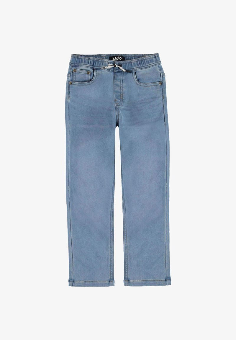 Jeans de color azul claro fabricados en denim. Tienen una cintura elástica con cordón, dos bolsillos frontales y detalles de costura.