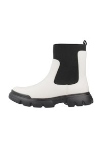 Stivale alla caviglia in pelle bianca con pannello laterale elasticizzato nero, punta arrotondata e suola in gomma nera spessa. Design minimalista, con linguetta per facilitare l'indosso.