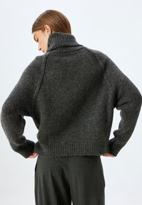 Grijze gebreide trui met een hoge kraag, geribbelde manchetten en zoom. Zachte textuur en een casual pasvorm met raglanmouwen.