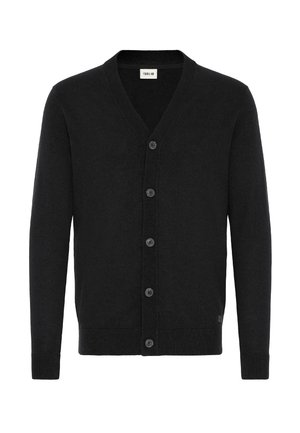 Cardigan en laine noire avec col en V, manches longues et fermeture à six boutons. Texture en tricot fine avec poignets et ourlet côtelés. Design classique.